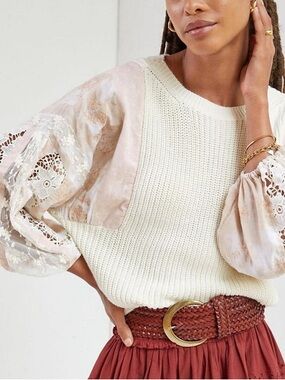 Pilcro Cream Knit Top with Blush Lace Balloon Sleeves